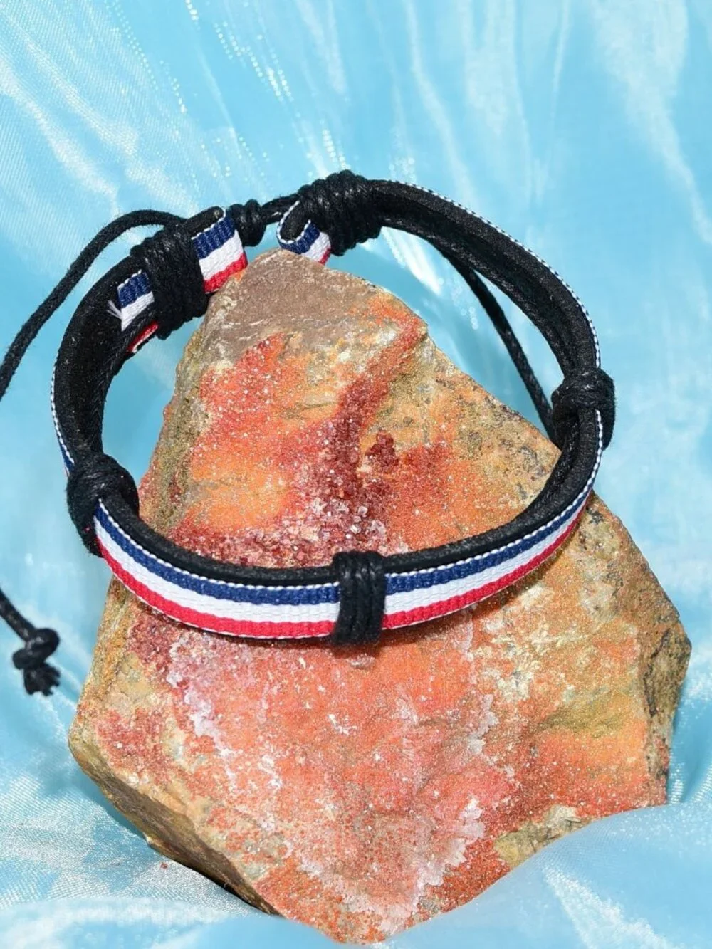 Rey Ribbon Slide Tie Leather Bracelet Red White Blue Stripe Mens Gift Boxed